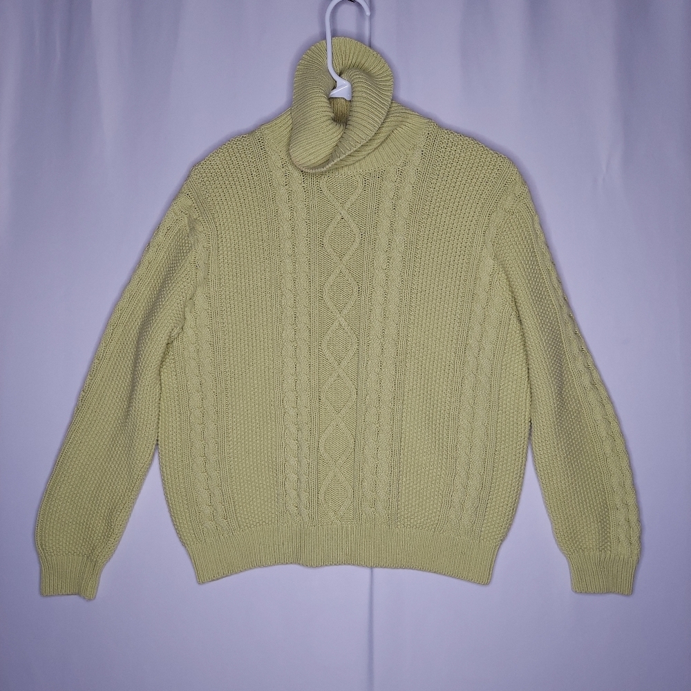 Wainscott Vtg Cable‎ Knit Turtleneck Sweater Women Small Green Cotton Fisherman